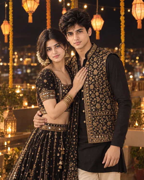 Black Gold Lantern Terrace Couple Photo Prompt