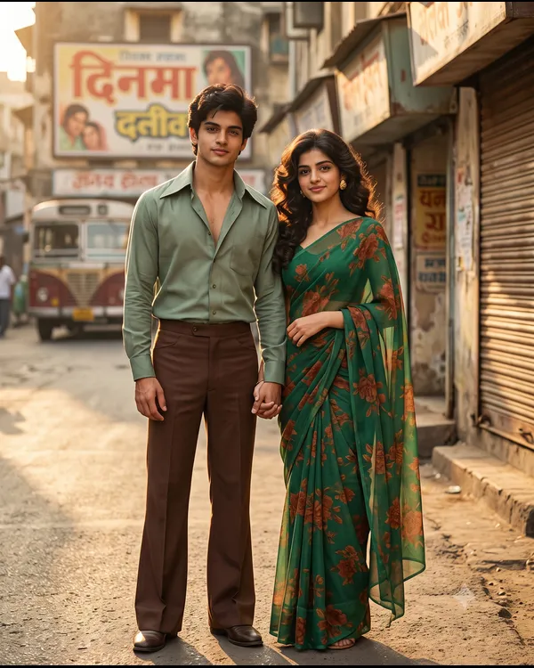 Bollywood 70s Couple Street Film Still