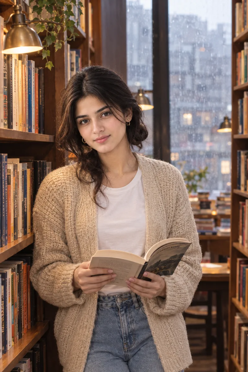 Rainy Bookstore Girl Photo Prompt