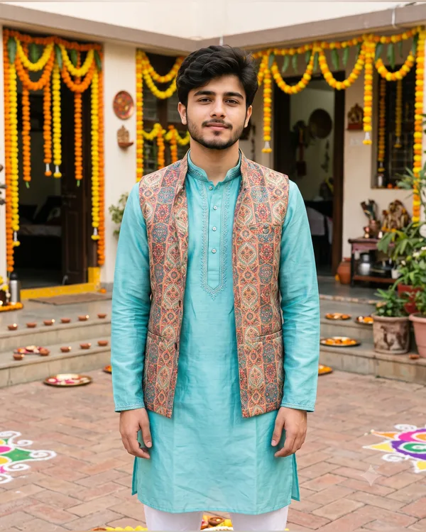 Diwali Aqua Chanderi Kurta Boy Photo Prompt