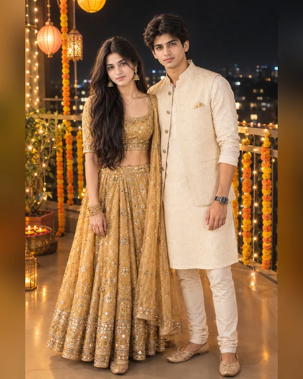Diwali Balcony Couple Photo Prompt
