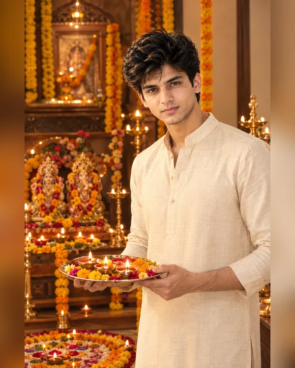 Diwali Cream Kurta Boy Puja Photo Prompt