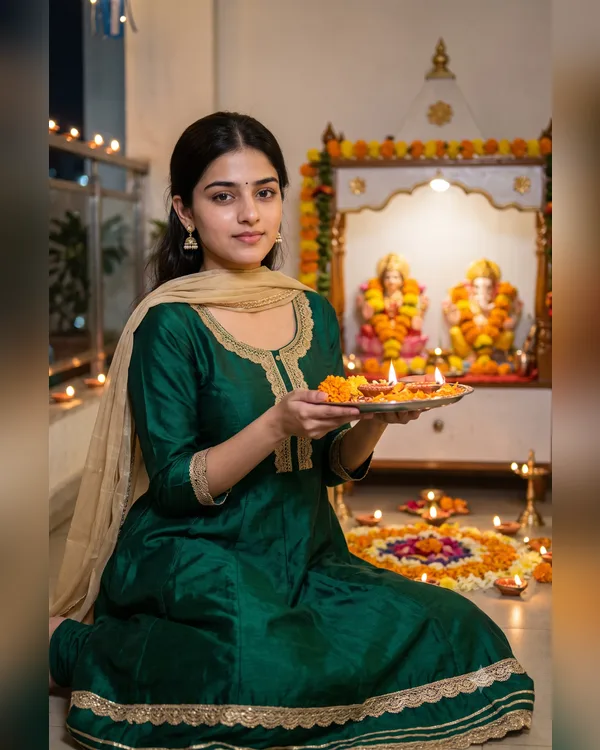 Diwali Emerald Anarkali Girl Photo Prompt