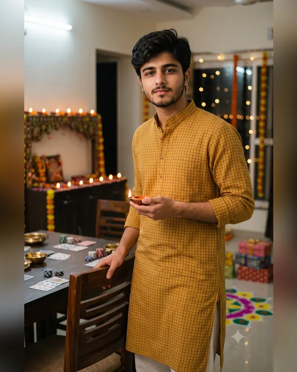 Diwali Mustard Kurta Boy Card Party Photo Prompt