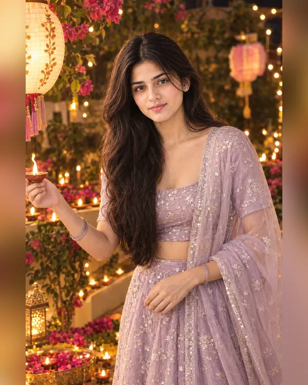 Diwali Pastel Organza Lehenga Girl Photo Prompt