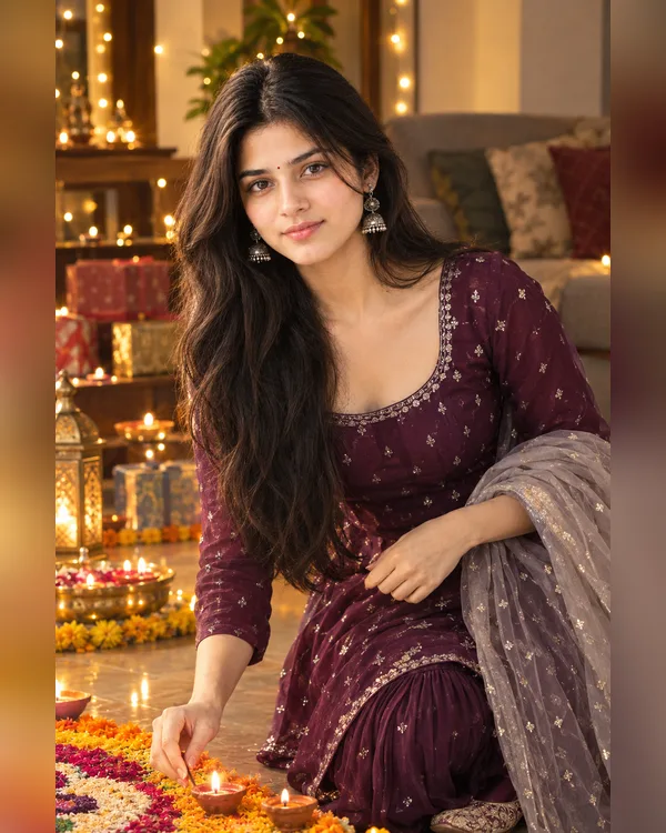 Diwali Plum Sharara Girl Photo Prompt