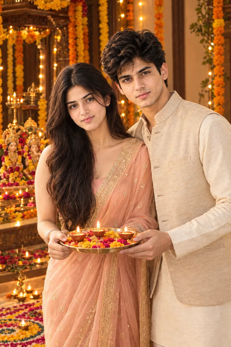 Diwali Puja Thali Couple Photo Prompt