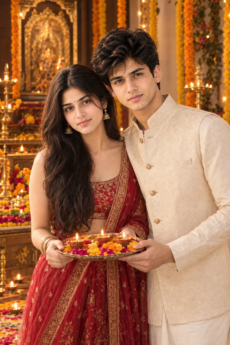 Diwali Red Gold Couple Puja Photo Prompt