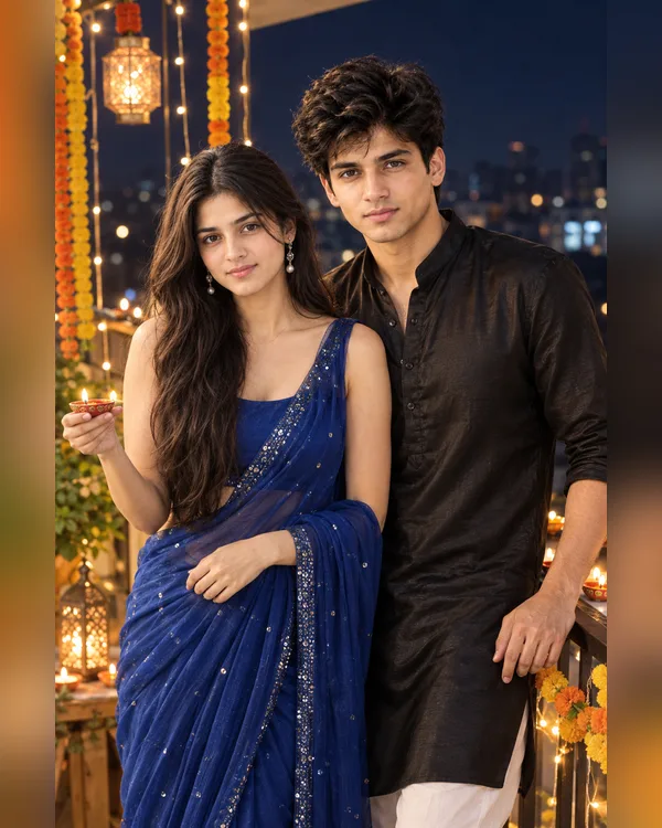 Diwali Royal Blue Couple Balcony Photo Prompt