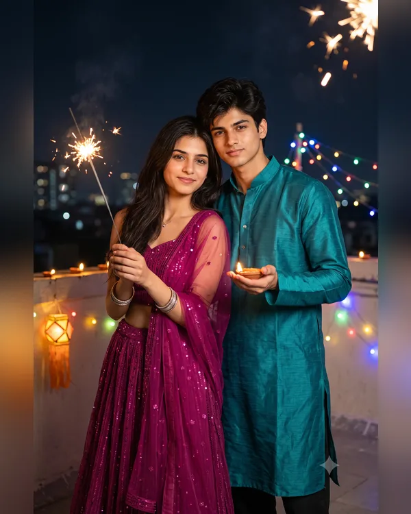 Diwali Sparkler Rooftop Couple Photo Prompt