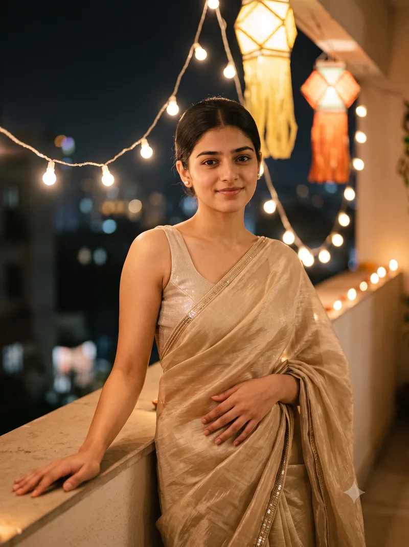 Diwali Tissue Saree Girl Party Photo Prompt