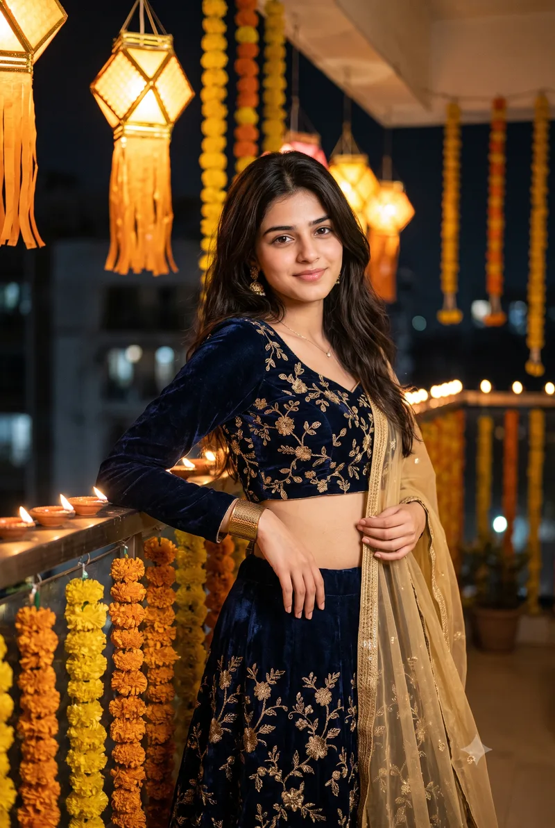 Diwali Velvet Lehenga Girl Night Photo Prompt