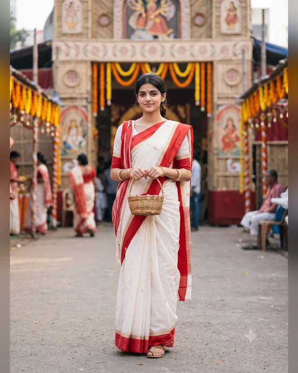 Durga Puja Morning Saree Photo Prompt