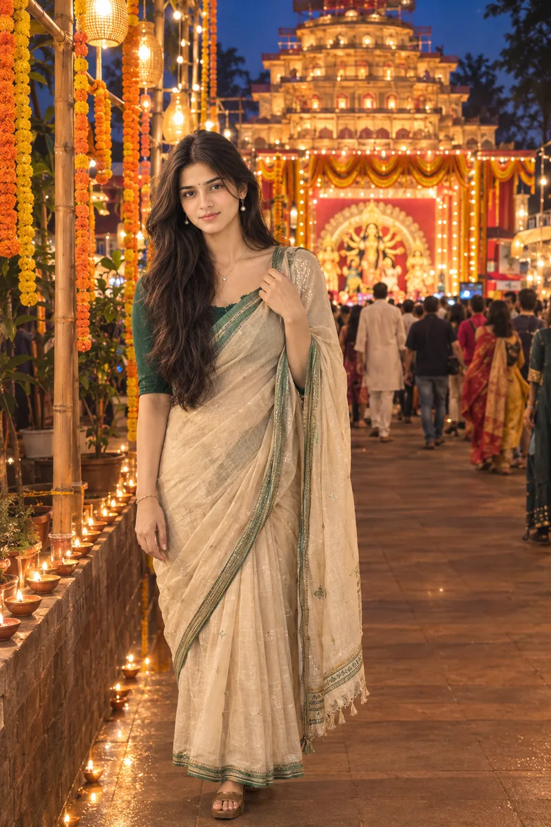 Durga Puja Beige Chanderi Saree Girl Photo Prompt