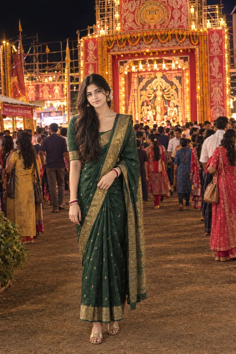 Durga Puja Green Silk Saree Girl Photo Prompt