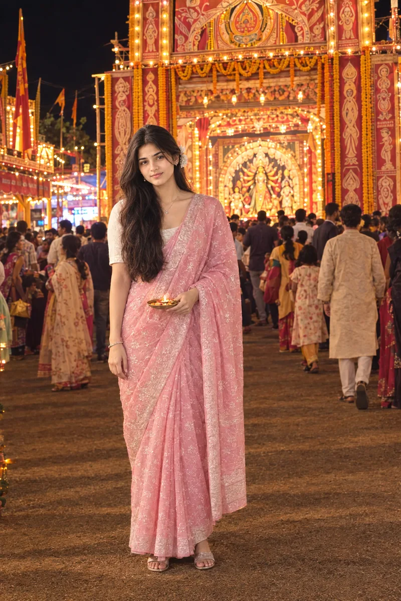 Durga Puja Pink Jamdani Saree Girl Photo Prompt