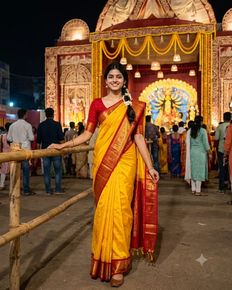 Durga Puja Yellow Red Silk Saree Girl Photo Prompt