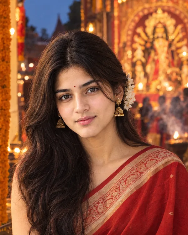 Durga Puja Girl in Red Saree
