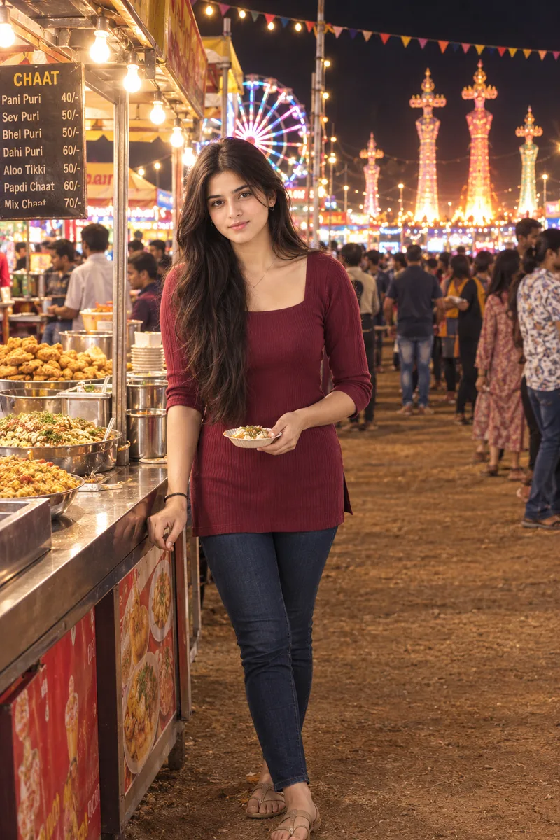 Dussehra Mela Chaat Stall Modern Girl Photo Prompt