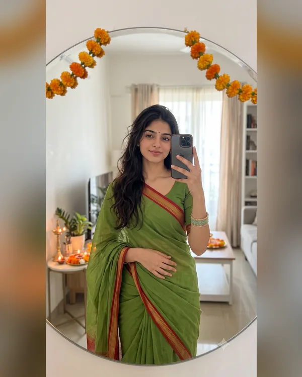 Green Saree Festival Selfie Girl AI Prompt