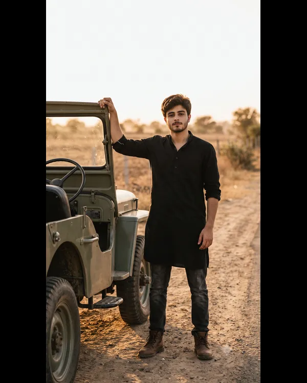 Black Kurta Jeep Portrait Prompt for Boys