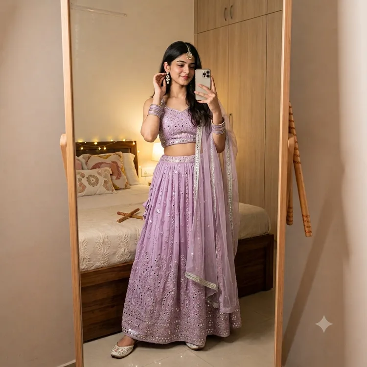 Lilac Getting-Ready Mirror Selfie Photo Prompt for Girls