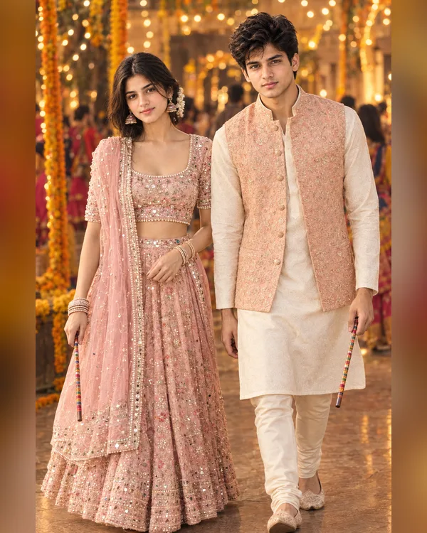 Navratri Pink Couple Walk Photo Prompt