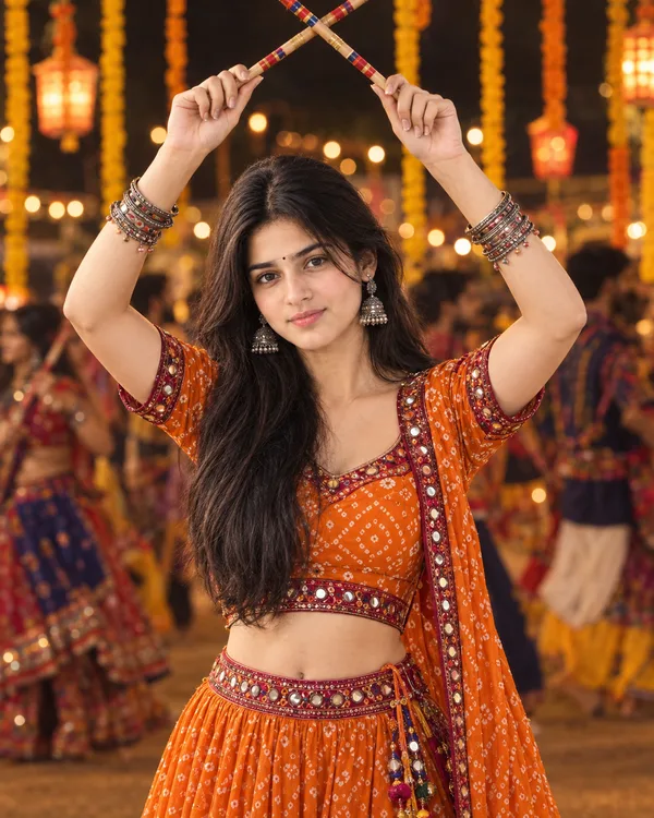 Orange Bandhani Dandiya Overhead Photo Prompt for Girls