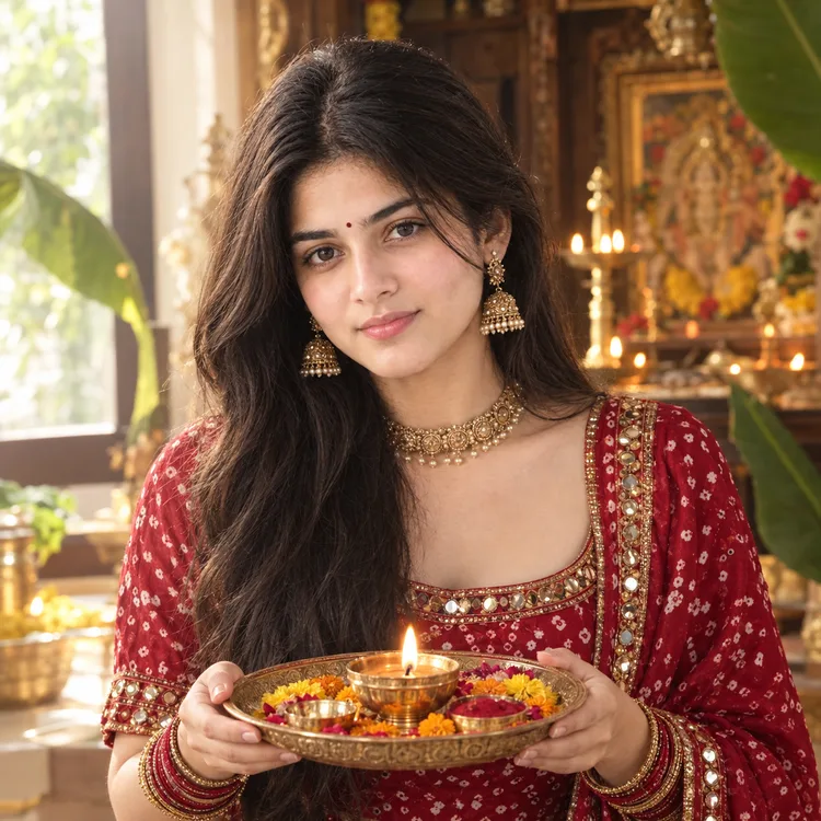 Red Bandhani Aarti Thali Photo Prompt for Girls