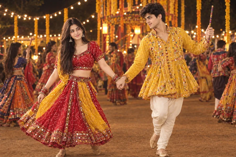 Red Yellow Garba Dance Couple Photo Prompt