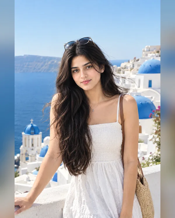 Santorini Travel Girl AI Photo Prompt