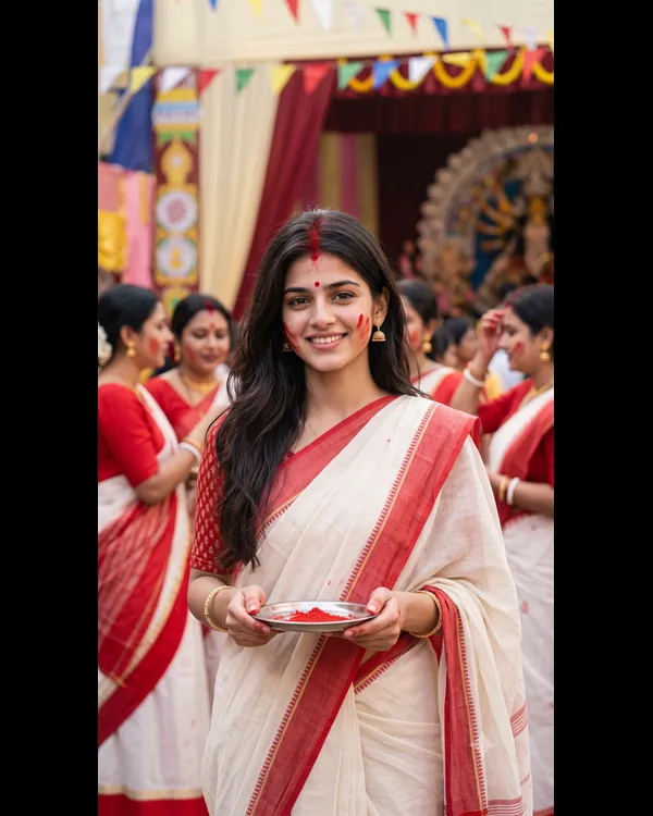 Sindoor Khela Close-Up Girls AI Photo Prompt