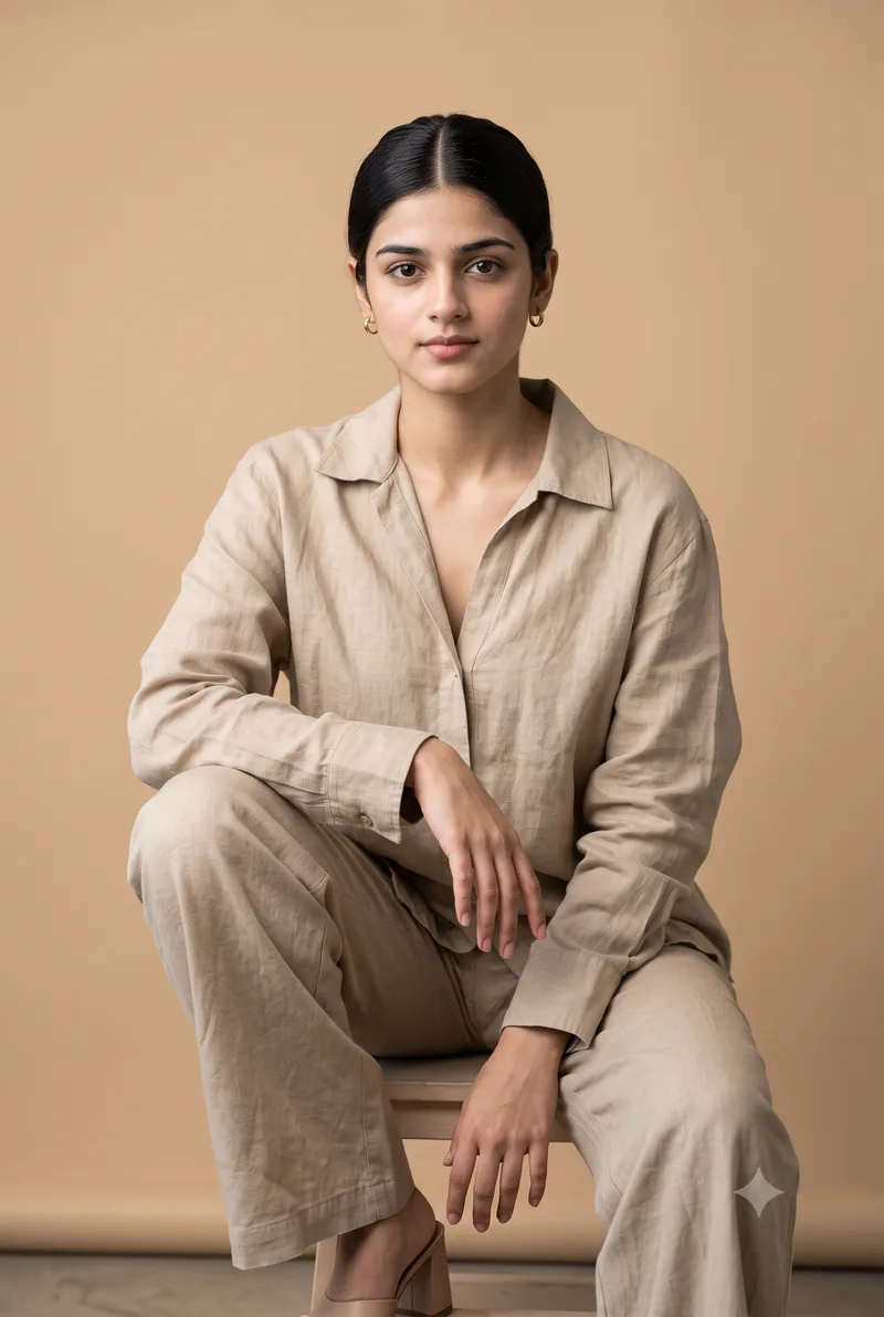 Beige Studio Linen Girl Photo Prompt